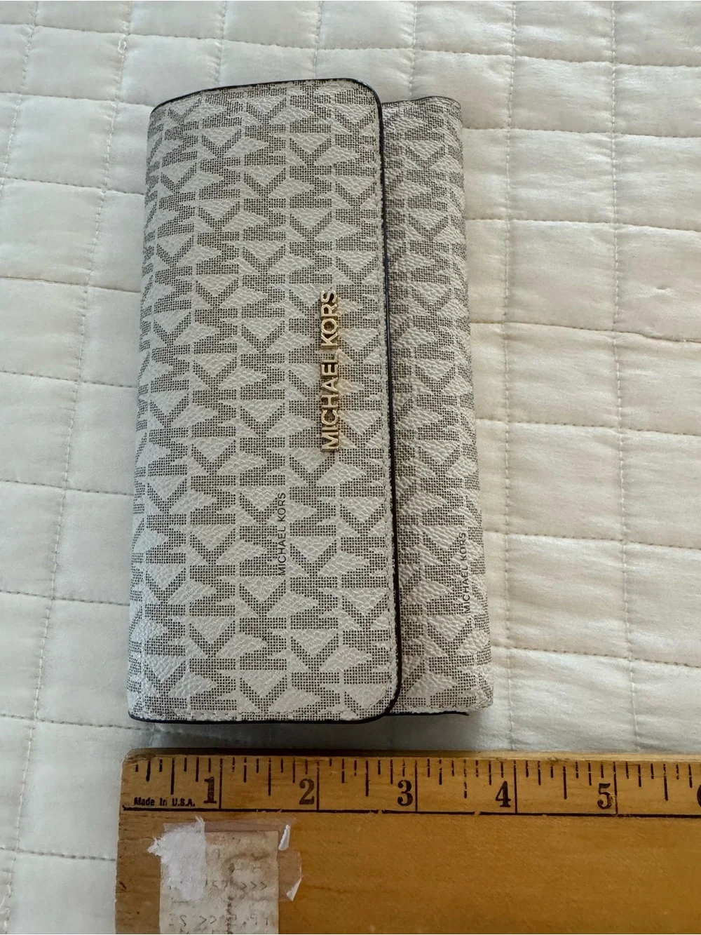 Michael Kors Taupe Signature MK Clutch with Gold Logo